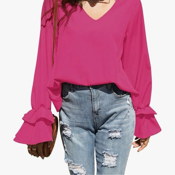 Blue Long-sleeved Ruffle V-neck Blouse - Picture 4 of 6